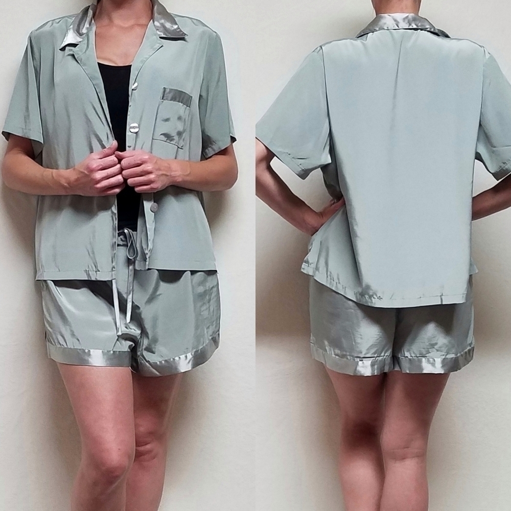 VINTAGE Victoria's Secret Sage Green Satin Trim Shorts Button Up Top Pajama Set